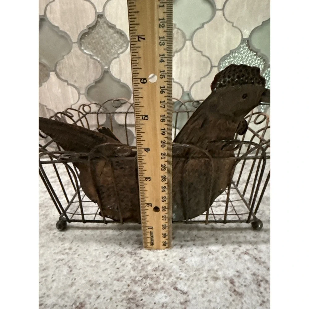 Vintage Farmhouse Metal Wire Basket with Colorful Rooster Decor Brown Country
